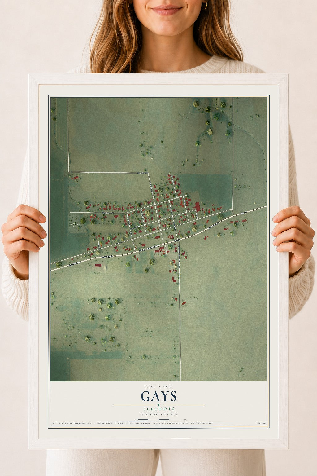 Map of Gays, Illinois, 18 x 24 inch print in a white wood frame