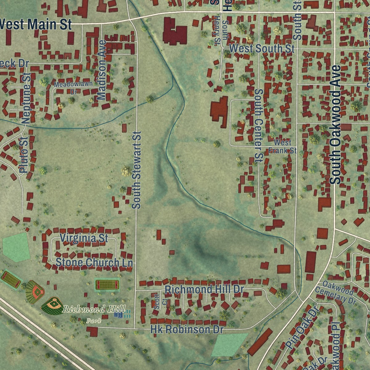 Second close-up of the map of Geneseo, Illinois print showing more streets and buildings