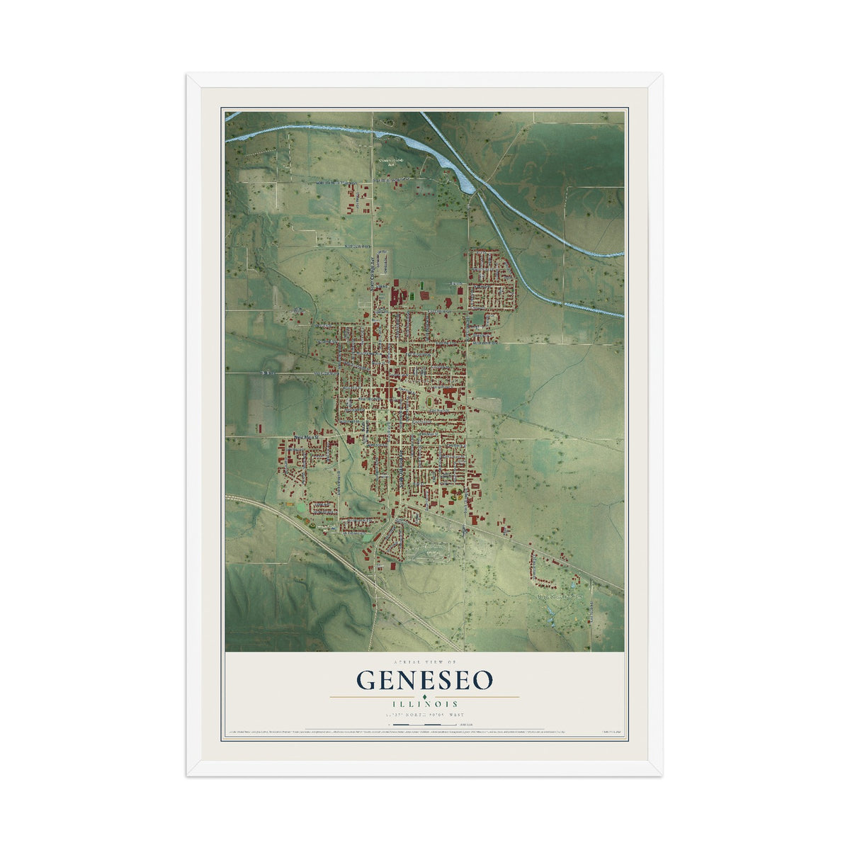 Map of Geneseo, Illinois, 12 x 18 inch print in a white wood frame
