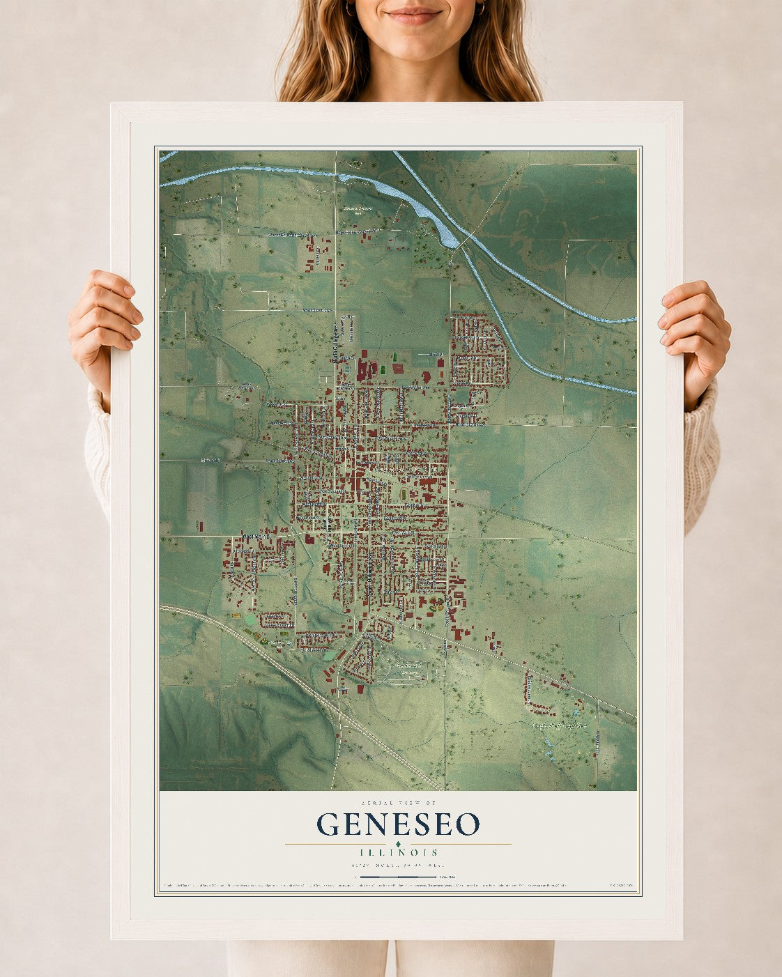 Map of Geneseo, Illinois, 24 x 36 inch print in a white wood frame