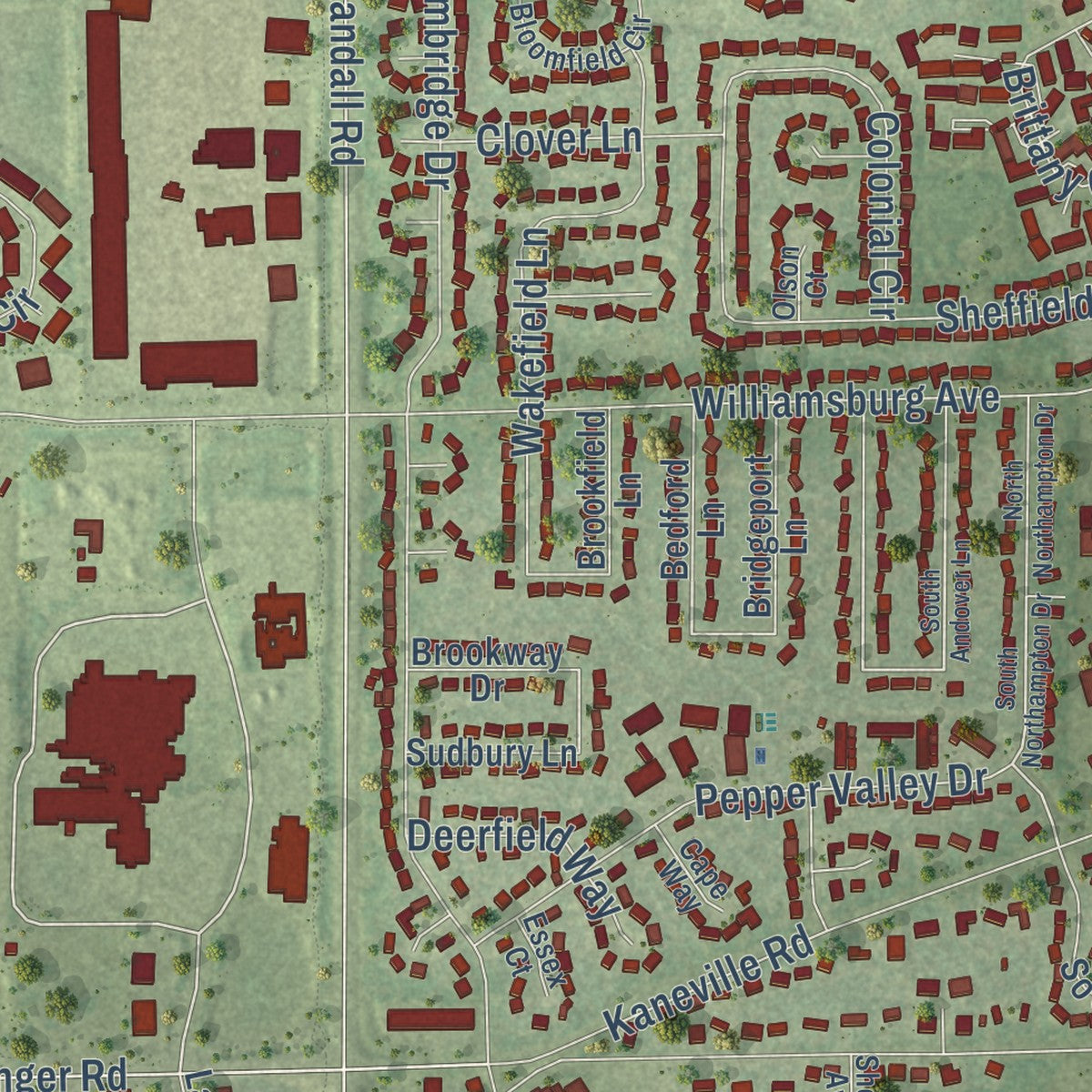 Close-up of the map of Geneva, Illinois print showing street and building detail