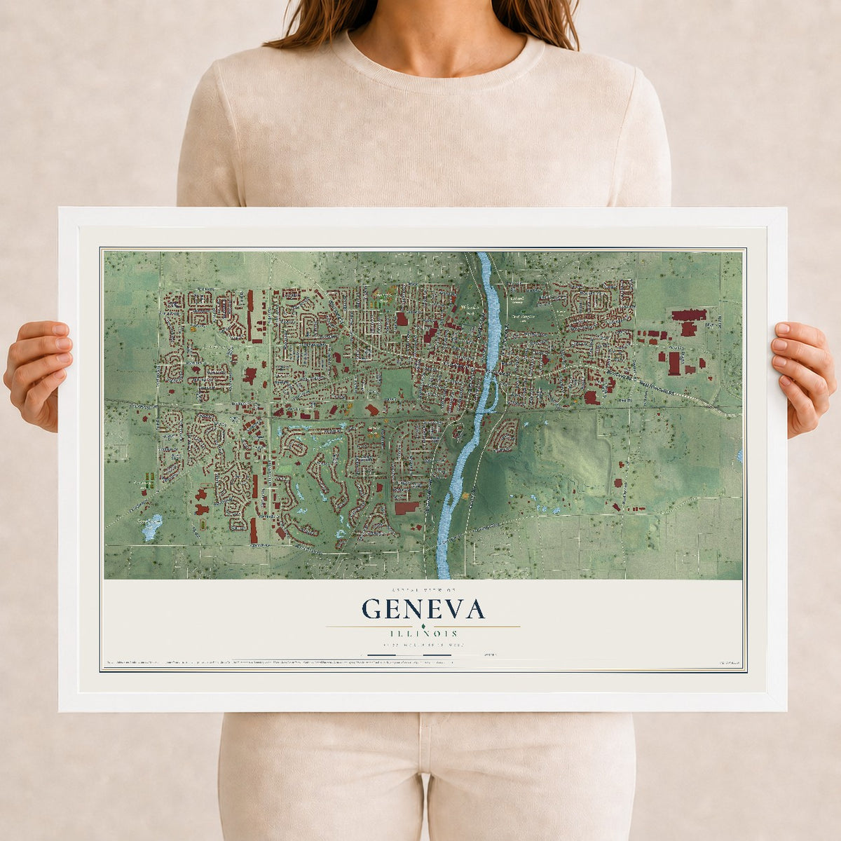Map of Geneva, Illinois, 12 x 18 inch print in a white wood frame