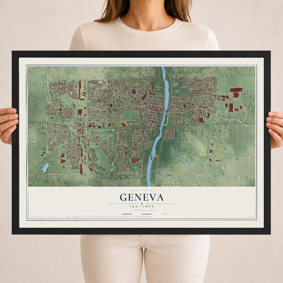 Map of Geneva, Illinois, 18 x 24 inch print in a black wood frame