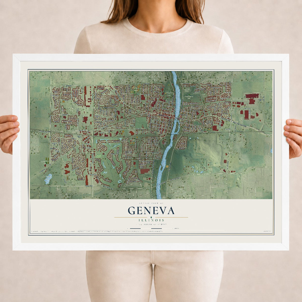 Map of Geneva, Illinois, 18 x 24 inch print in a white wood frame