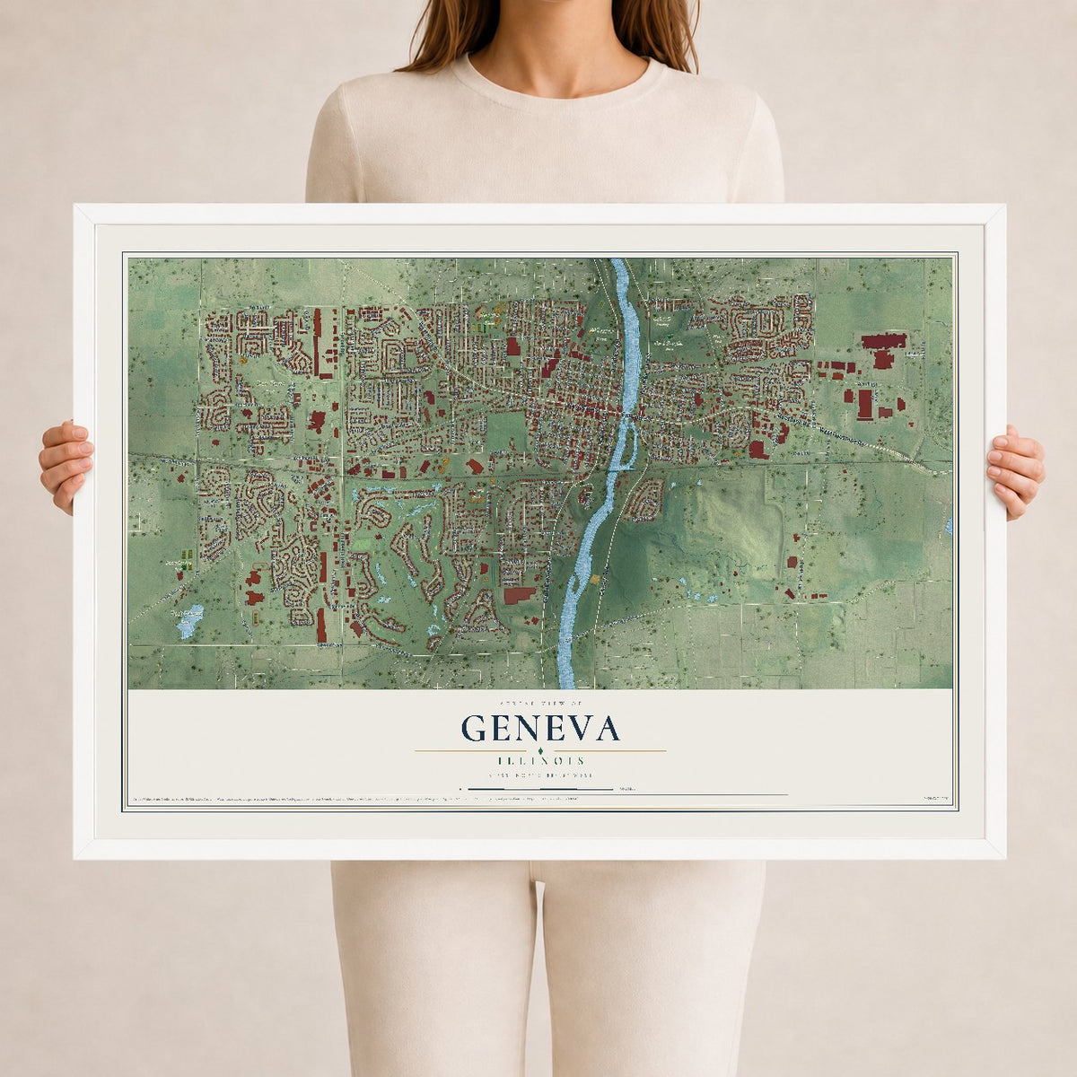 Map of Geneva, Illinois, 24 x 36 inch print in a white wood frame