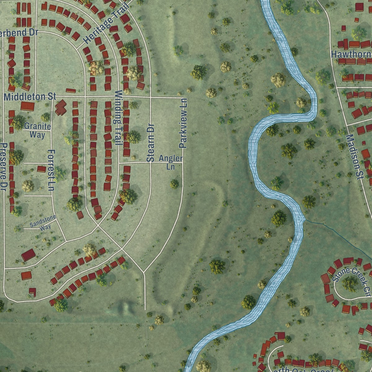 Second close-up of the map of Genoa, Illinois print showing more streets and buildings