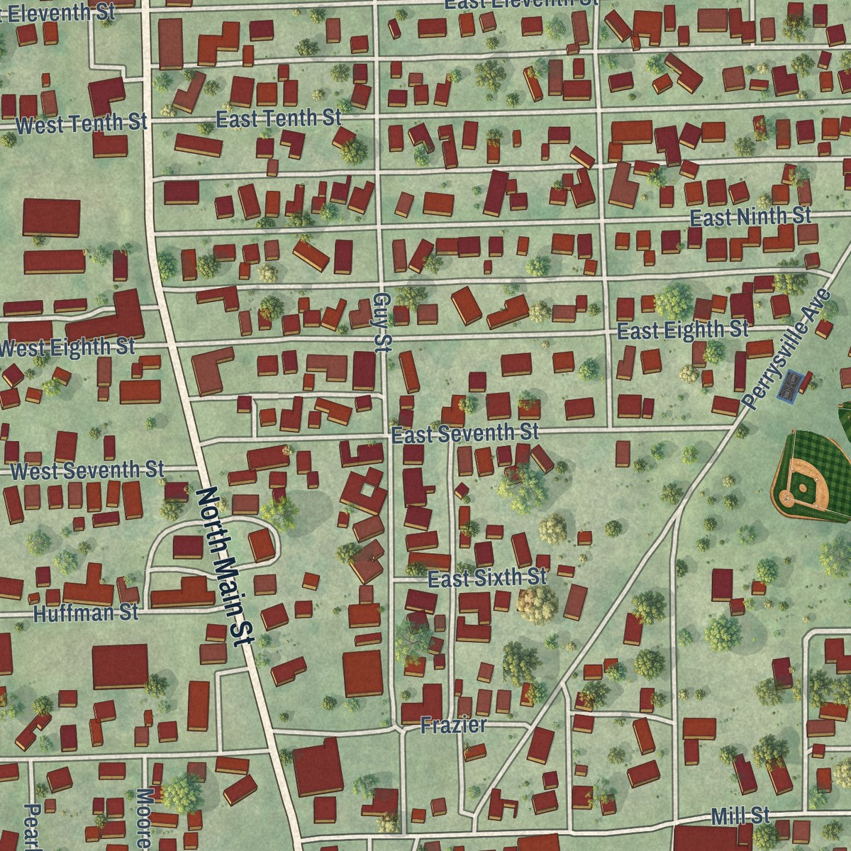 Close-up of the map of Georgetown, Illinois print showing street and building detail