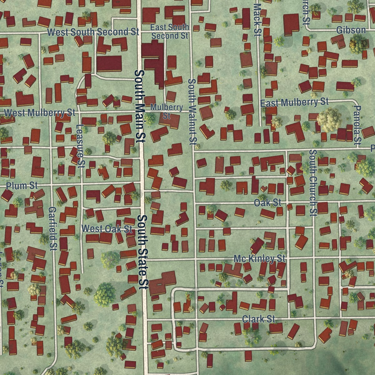 Second close-up of the map of Georgetown, Illinois print showing more streets and buildings