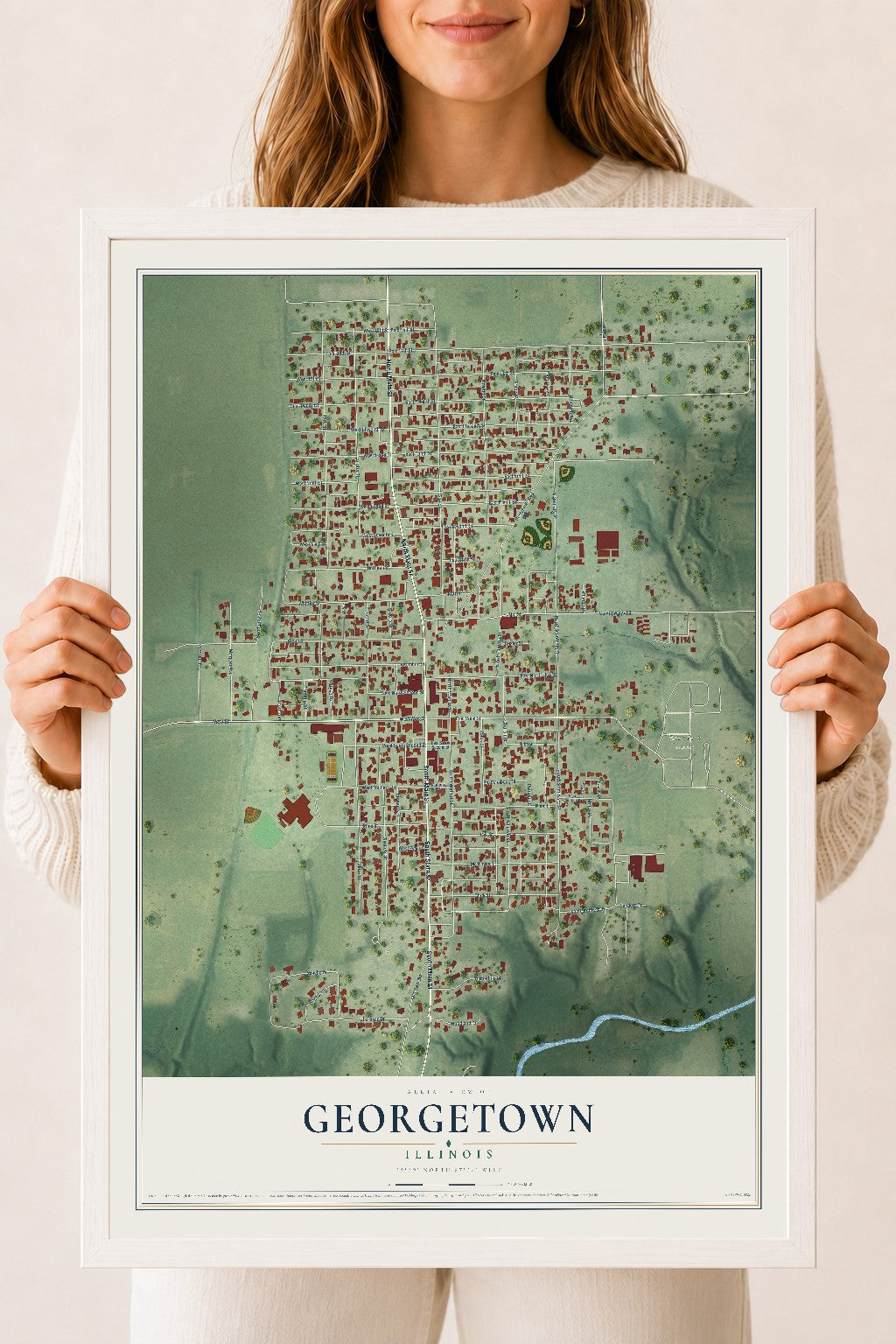 Map of Georgetown, Illinois, 18 x 24 inch print in a white wood frame
