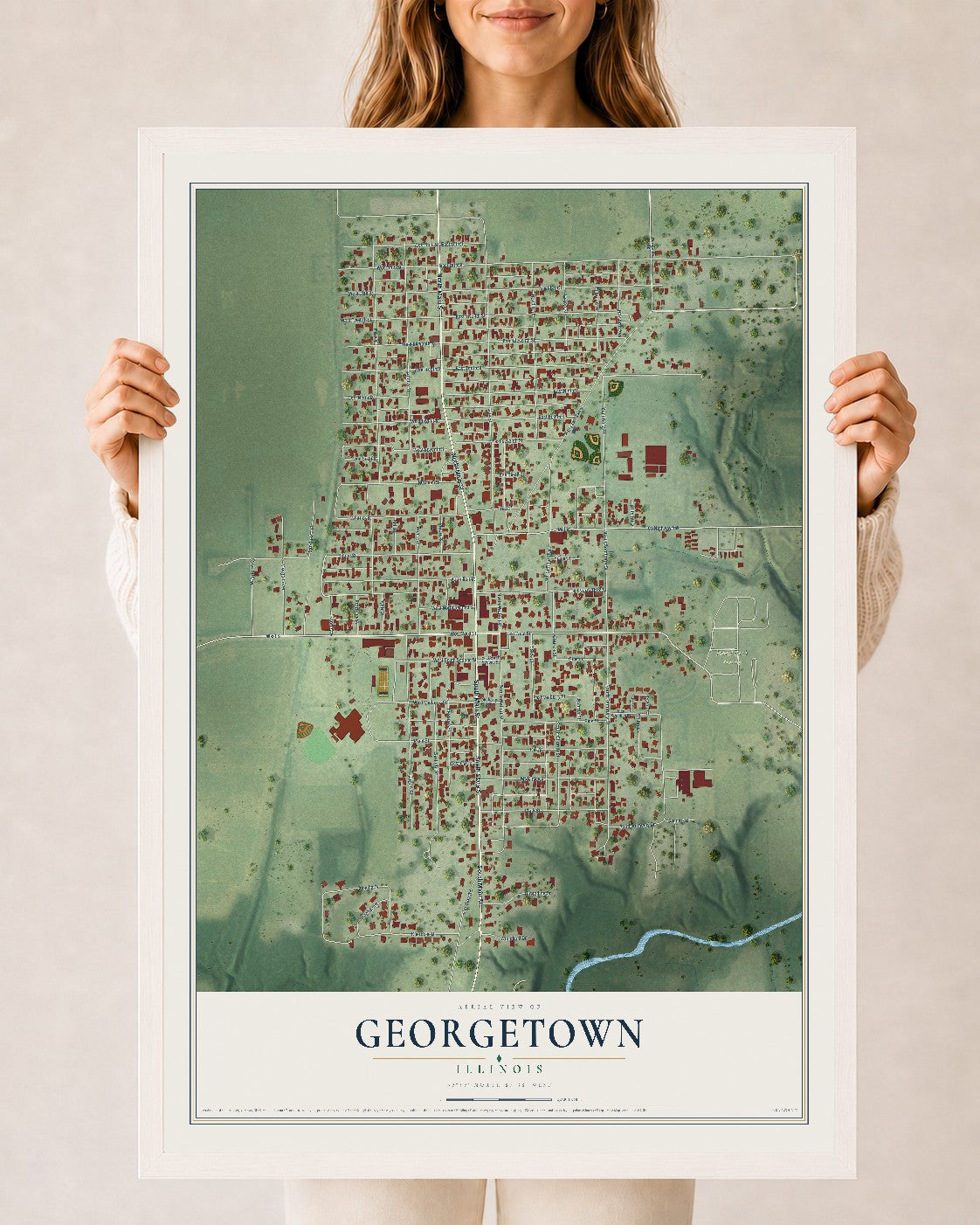 Map of Georgetown, Illinois, 24 x 36 inch print in a white wood frame
