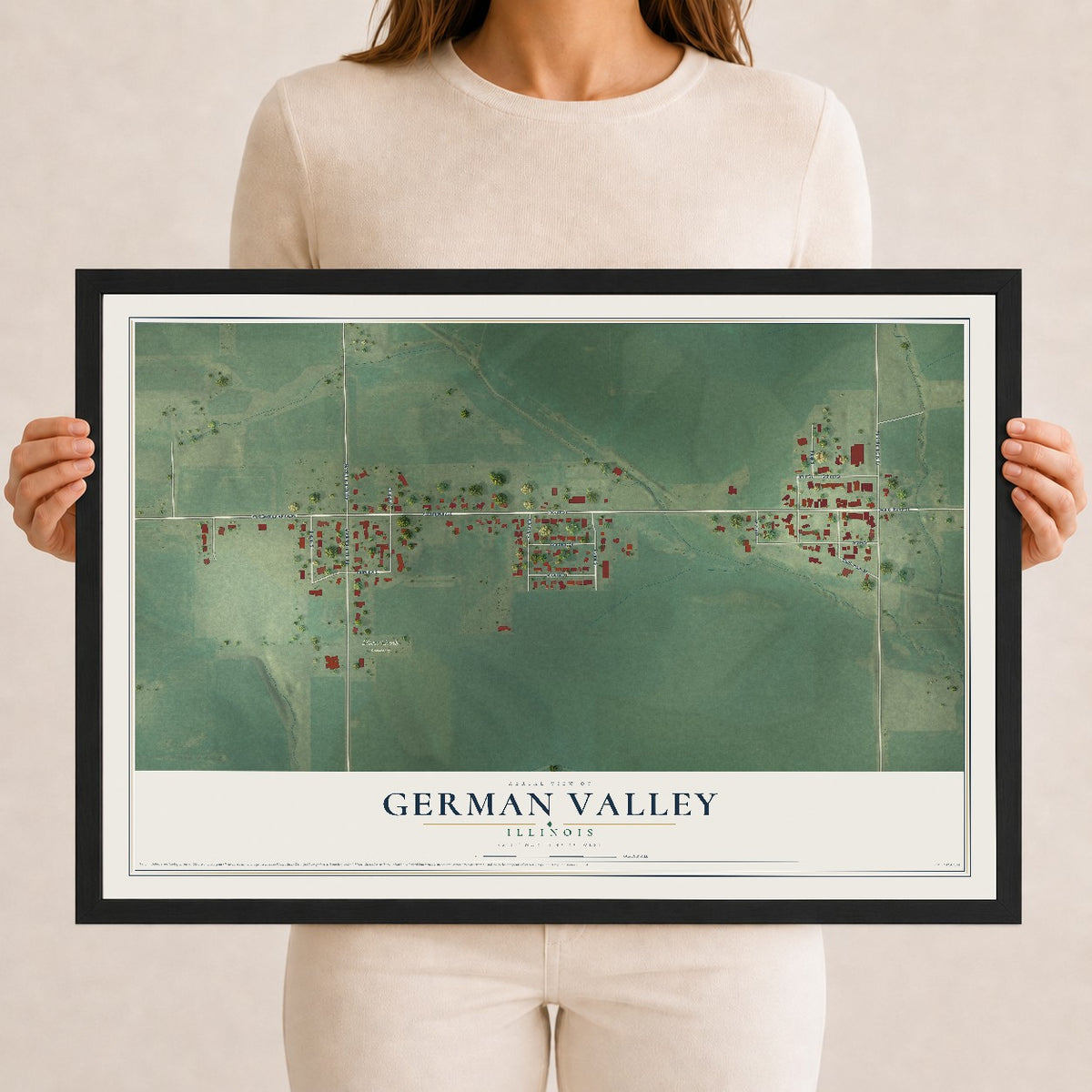 Map of German Valley, Illinois, 12 x 18 inch print in a black wood frame