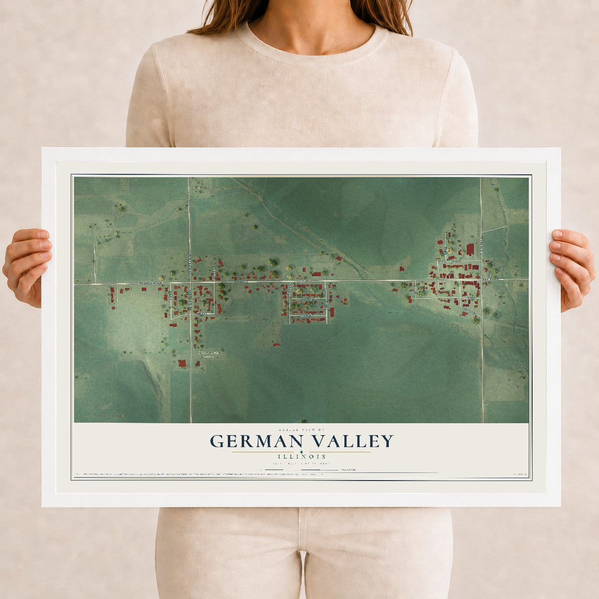Map of German Valley, Illinois, 12 x 18 inch print in a white wood frame