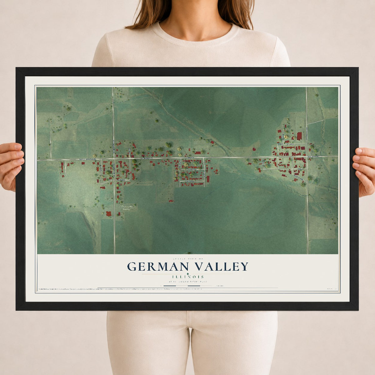Map of German Valley, Illinois, 18 x 24 inch print in a black wood frame