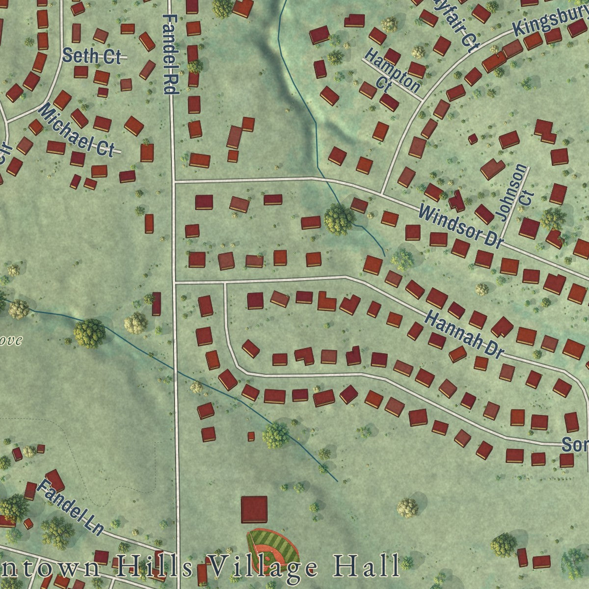Second close-up of the map of Germantown Hills, Illinois print showing more streets and buildings