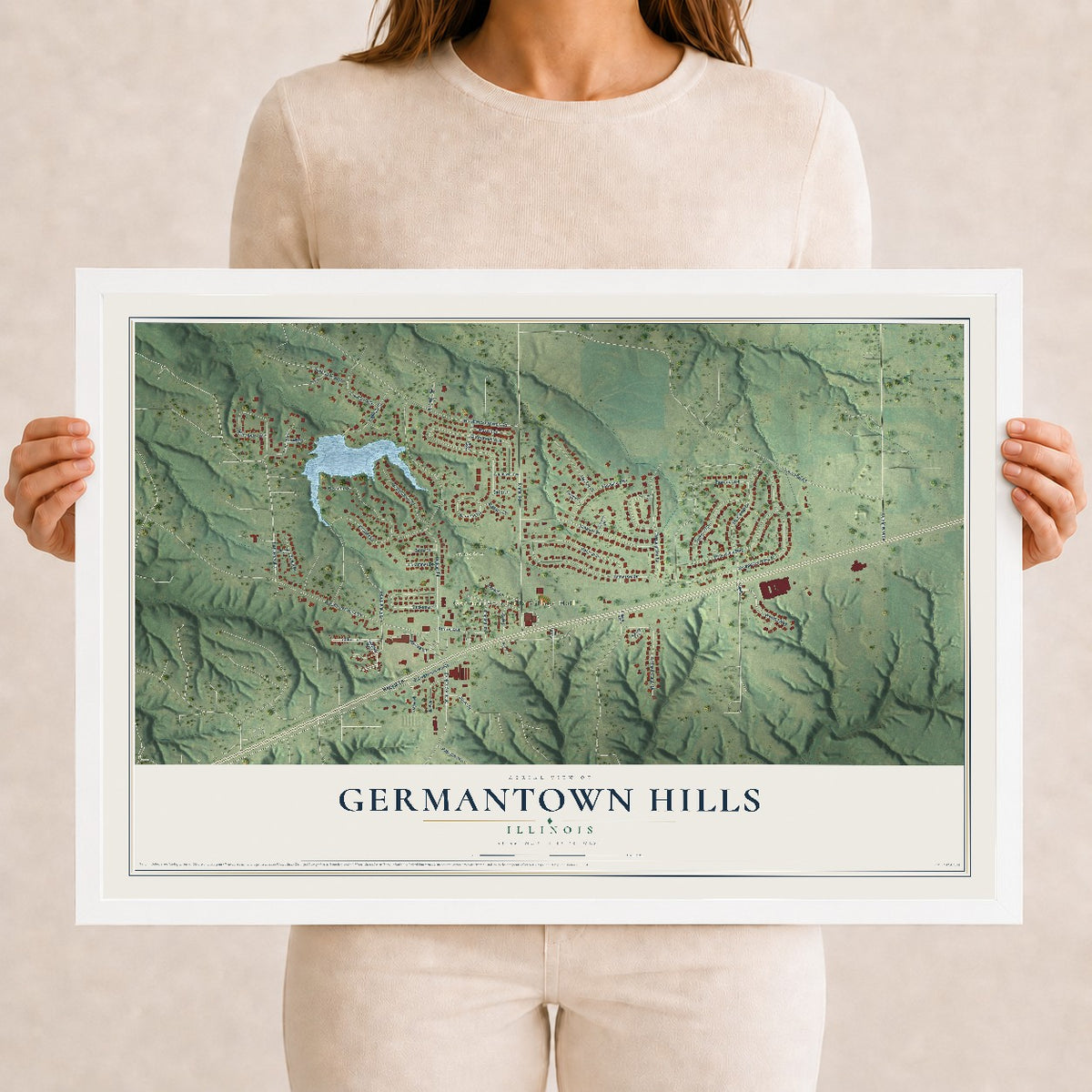 Map of Germantown Hills, Illinois, 12 x 18 inch print in a white wood frame