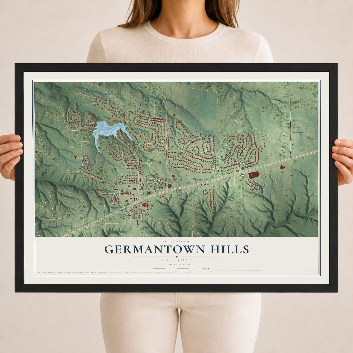 Map of Germantown Hills, Illinois, 18 x 24 inch print in a black wood frame