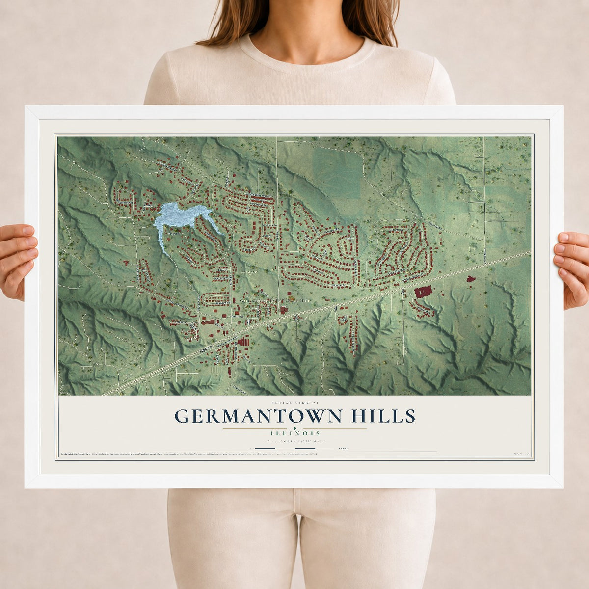Map of Germantown Hills, Illinois, 18 x 24 inch print in a white wood frame