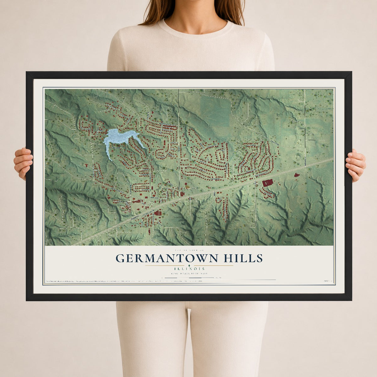 Map of Germantown Hills, Illinois, 24 x 36 inch print in a black wood frame
