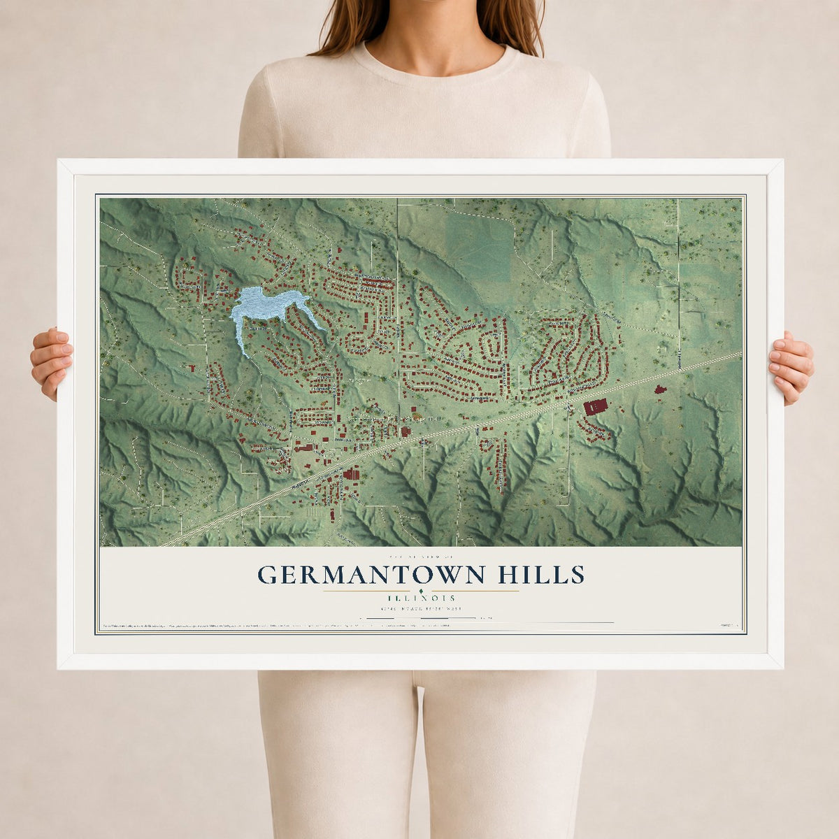 Map of Germantown Hills, Illinois, 24 x 36 inch print in a white wood frame