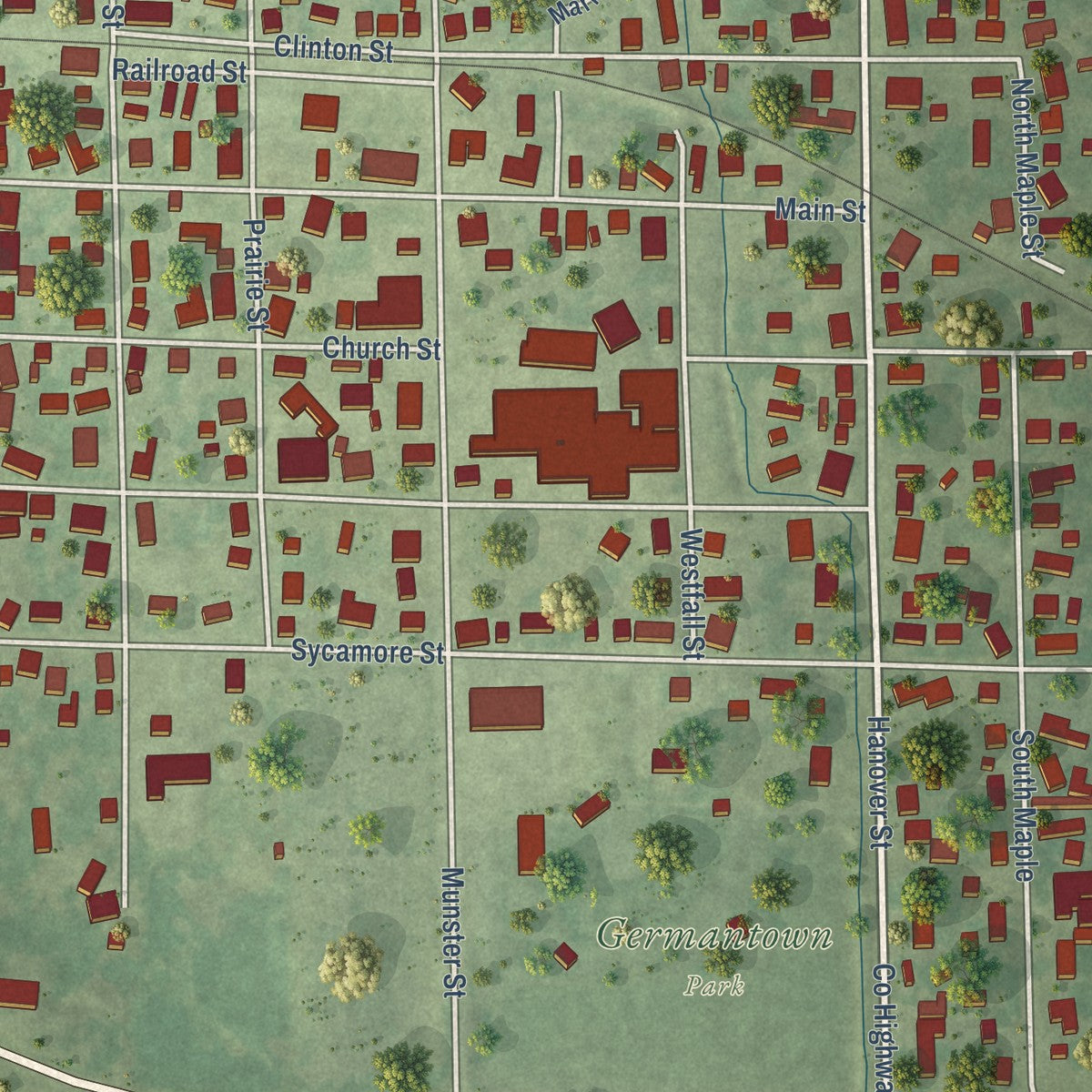 Close-up of the map of Germantown, Illinois print showing street and building detail