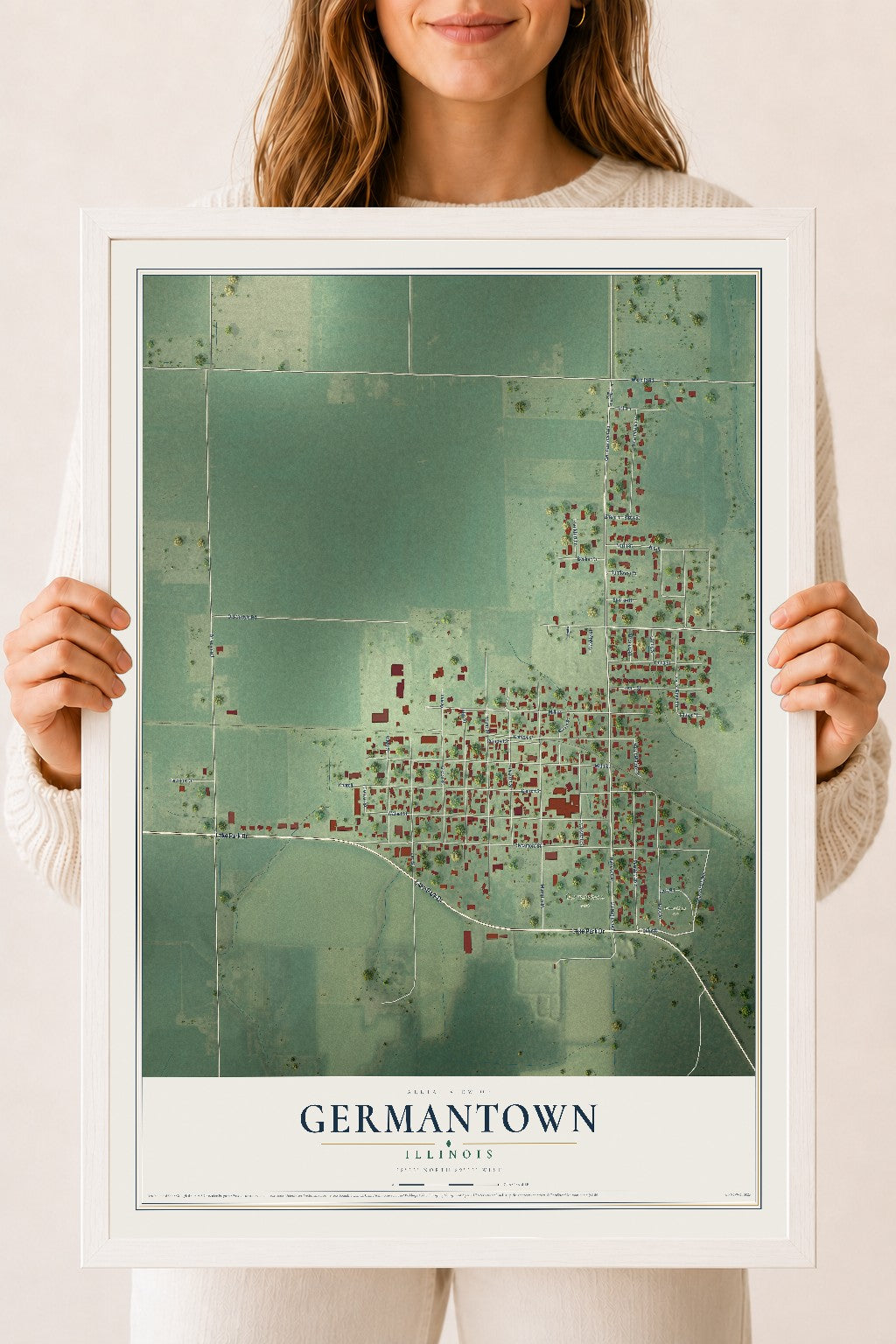 Map of Germantown, Illinois, 18 x 24 inch print in a white wood frame