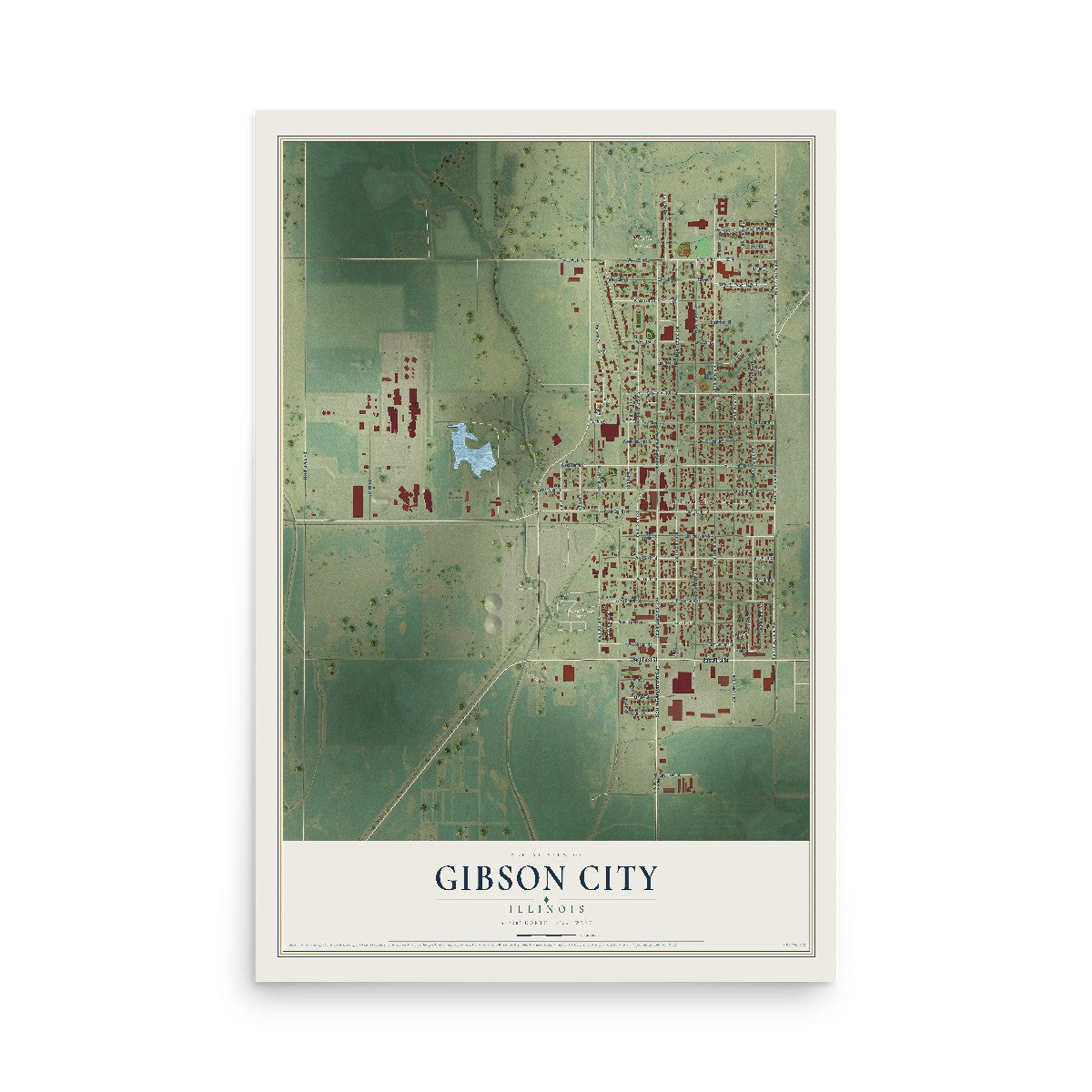 Map of Gibson City, Illinois, 12 x 18 inch unframed archival matte print