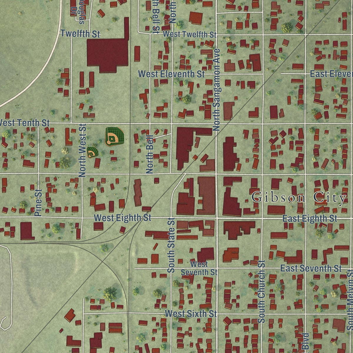 Close-up of the map of Gibson City, Illinois print showing street and building detail
