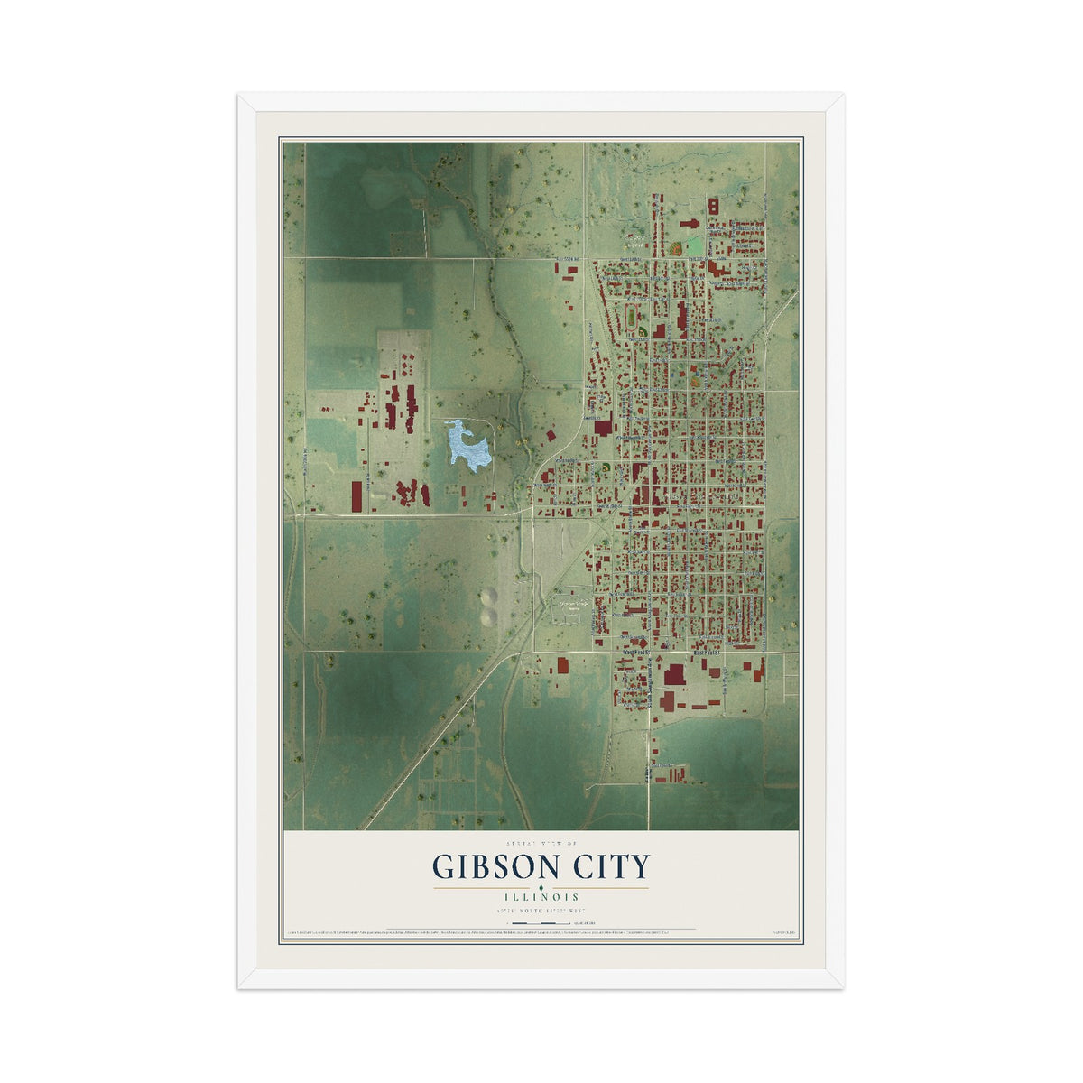 Map of Gibson City, Illinois, 12 x 18 inch print in a white wood frame