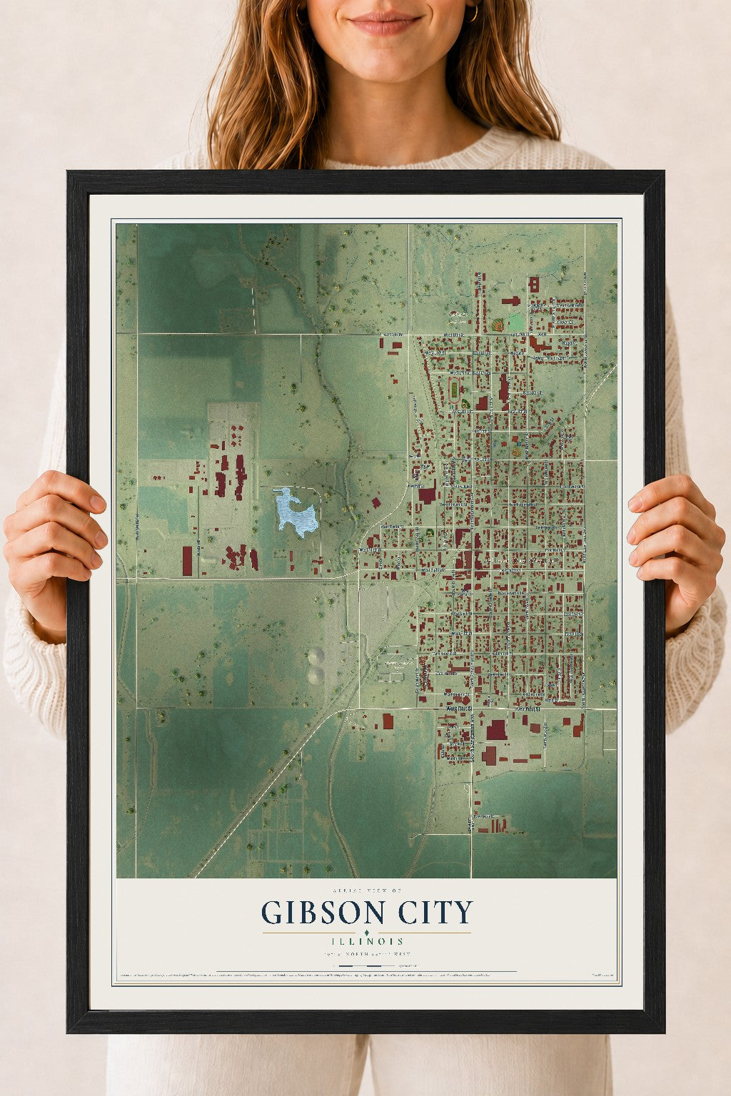 Map of Gibson City, Illinois, 18 x 24 inch print in a black wood frame