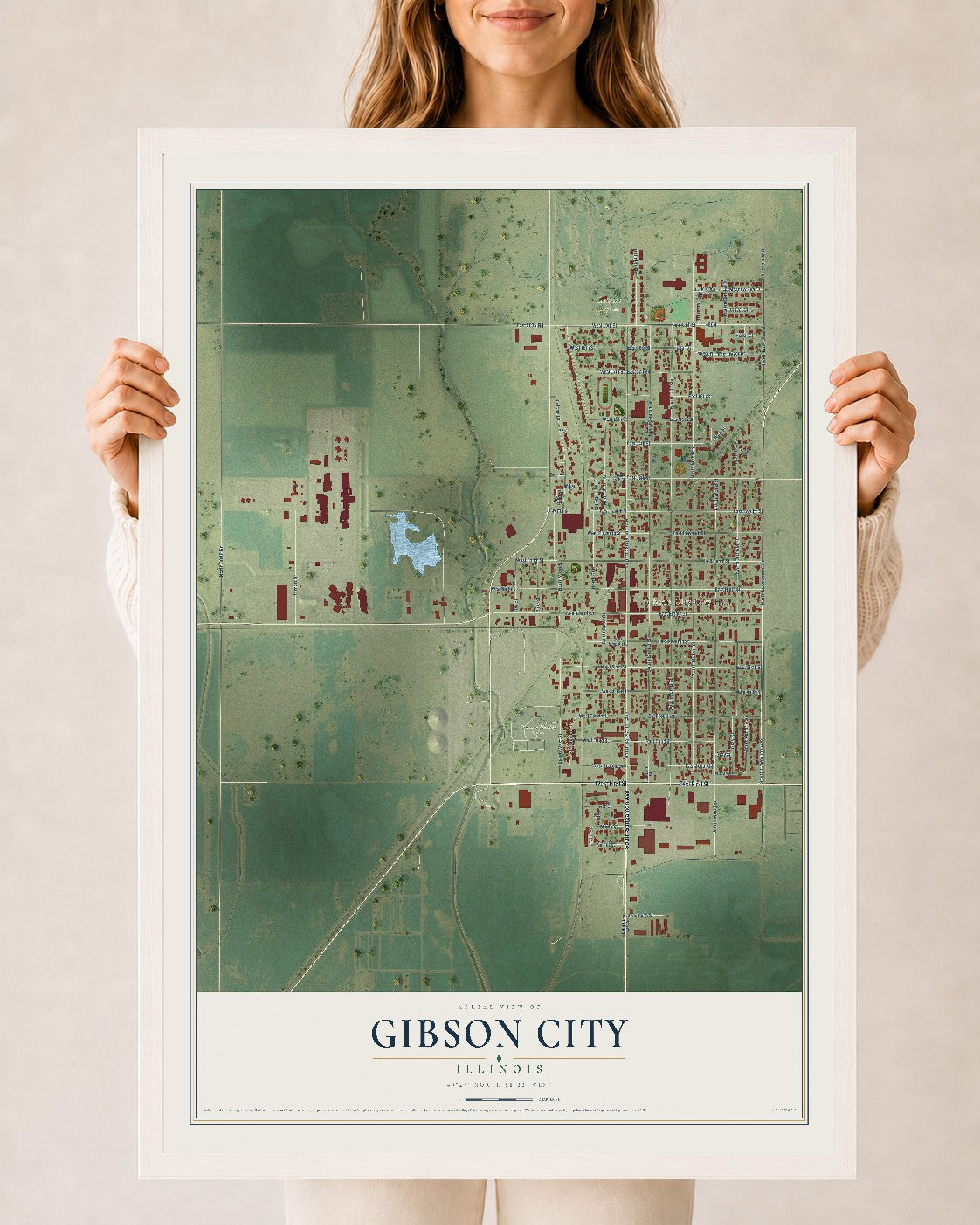 Map of Gibson City, Illinois, 24 x 36 inch print in a white wood frame