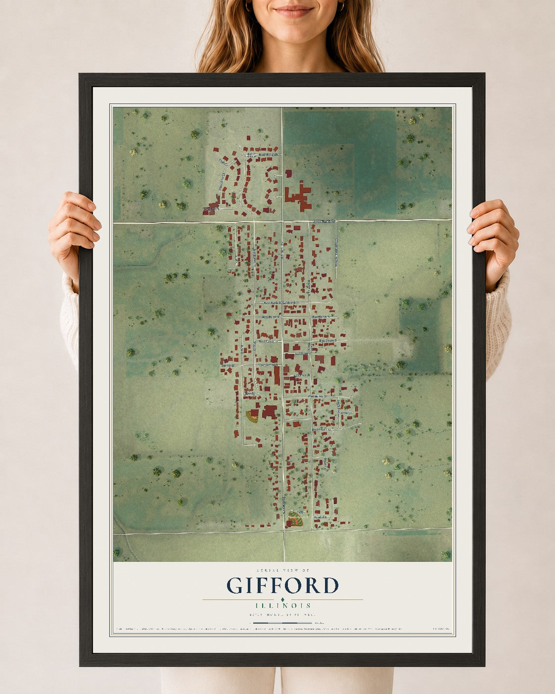 Map of Gifford, Illinois, 24 x 36 inch print in a black wood frame