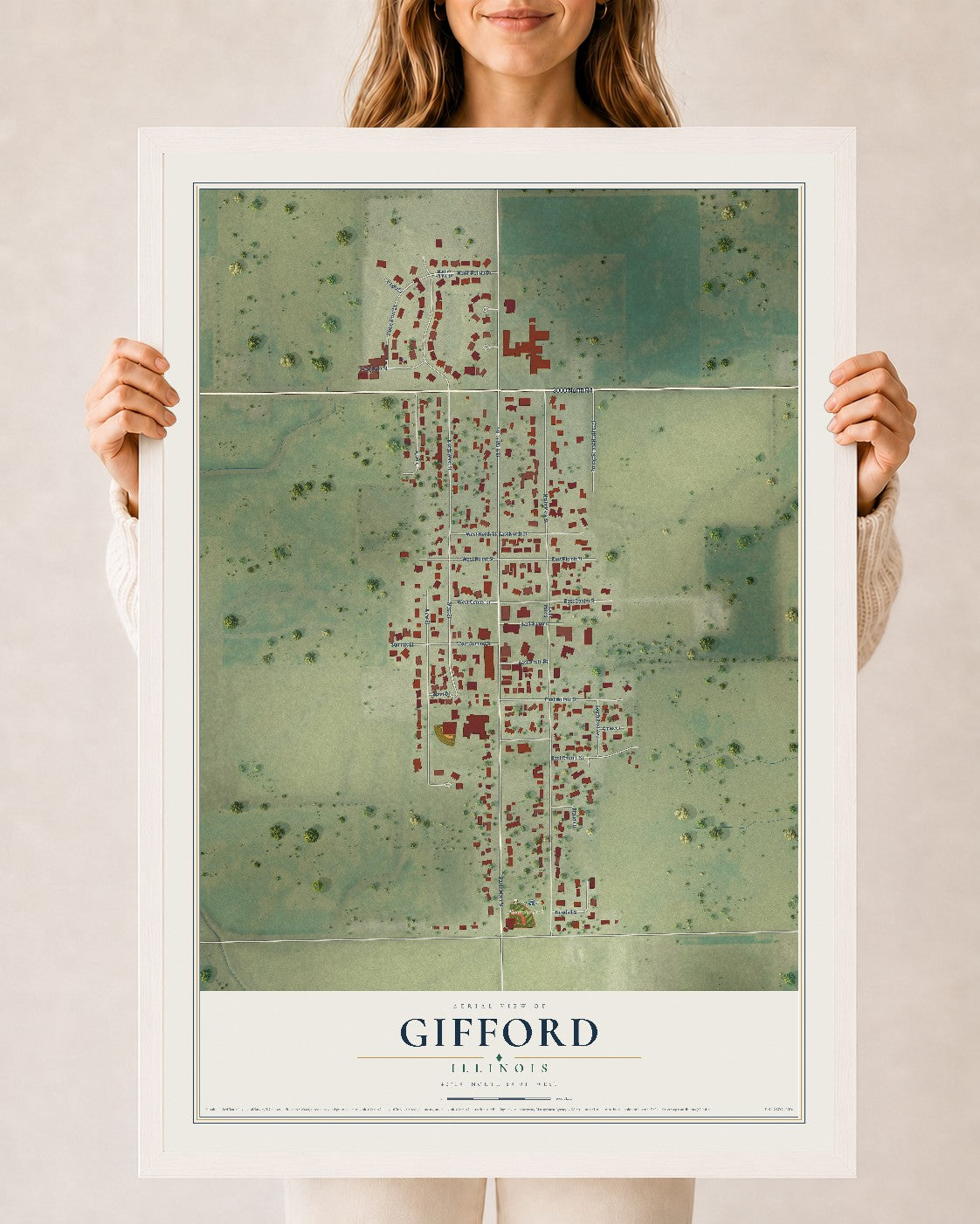 Map of Gifford, Illinois, 24 x 36 inch print in a white wood frame