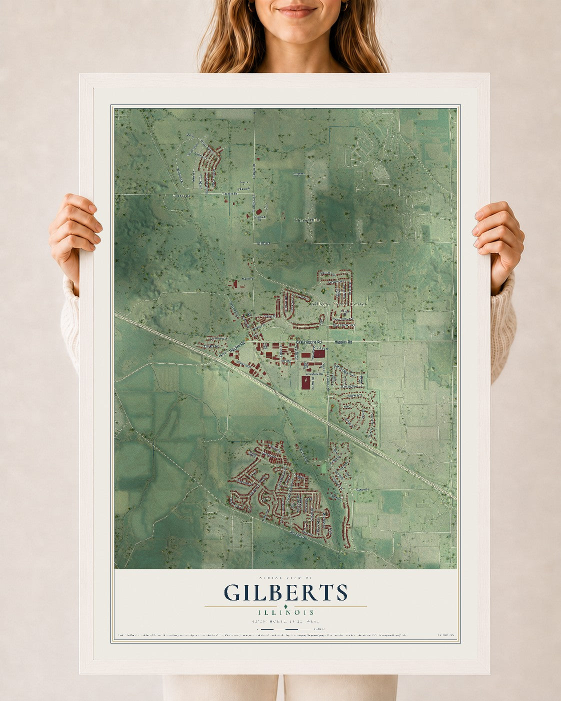 Map of Gilberts, Illinois, 24 x 36 inch print in a white wood frame