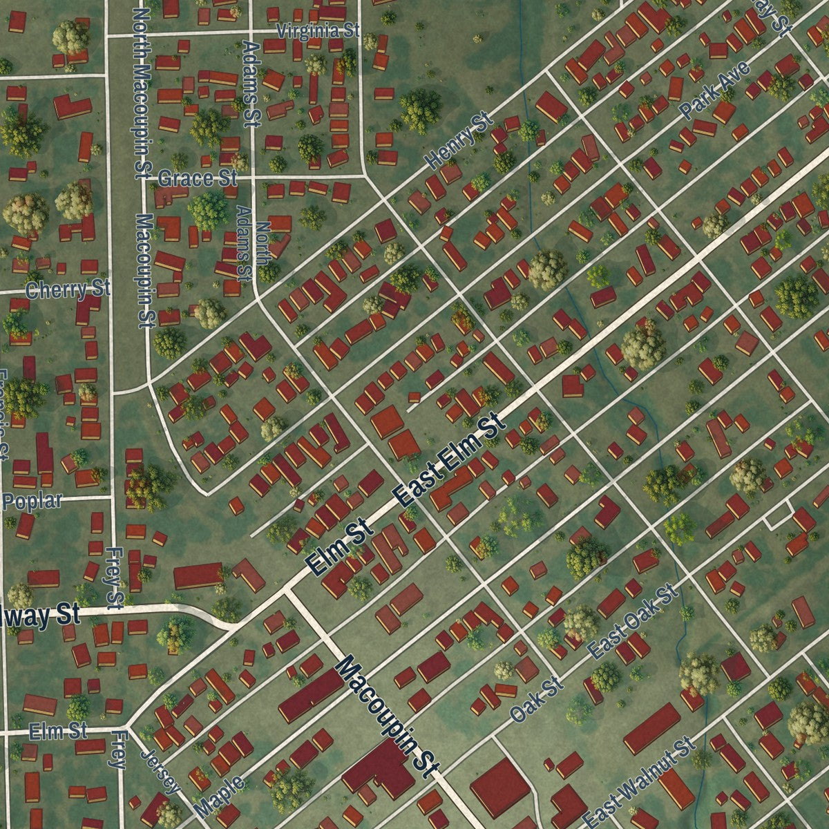 Close-up of the map of Gillespie, Illinois print showing street and building detail