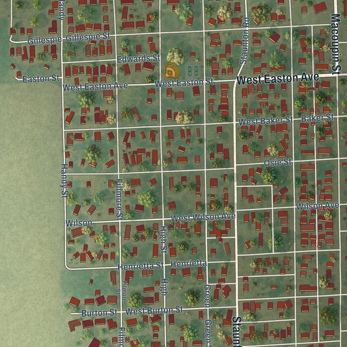 Second close-up of the map of Gillespie, Illinois print showing more streets and buildings