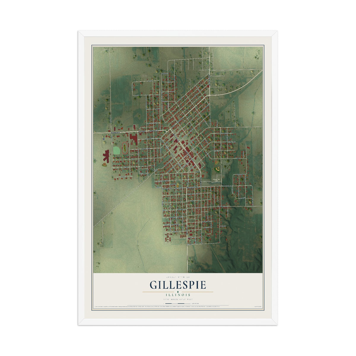 Map of Gillespie, Illinois, 12 x 18 inch print in a white wood frame