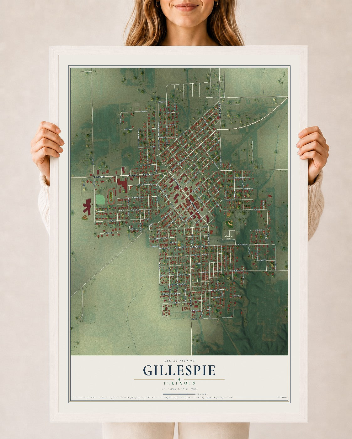 Map of Gillespie, Illinois, 24 x 36 inch print in a white wood frame