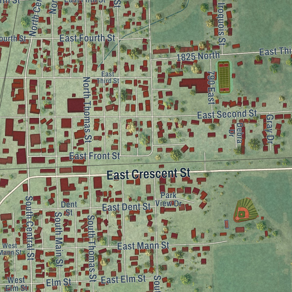 Close-up of the map of Gilman, Illinois print showing street and building detail