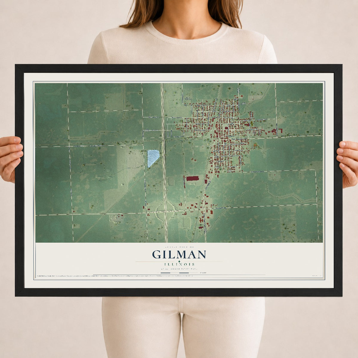 Map of Gilman, Illinois, 18 x 24 inch print in a black wood frame