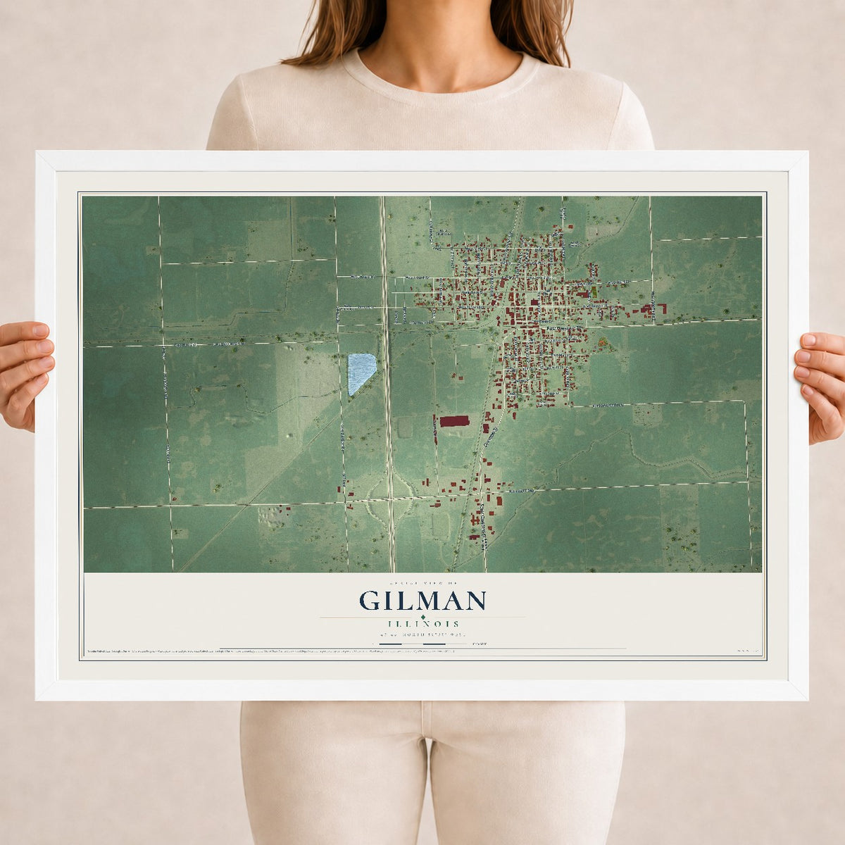 Map of Gilman, Illinois, 18 x 24 inch print in a white wood frame