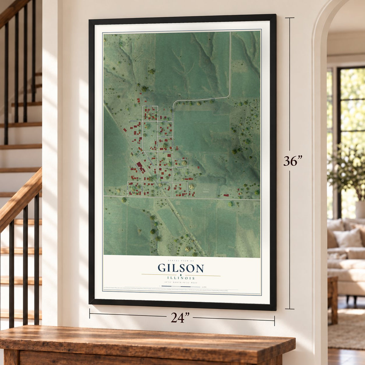 Gilson, Illinois map, 24 x 36 inch print in a black frame by a staircase