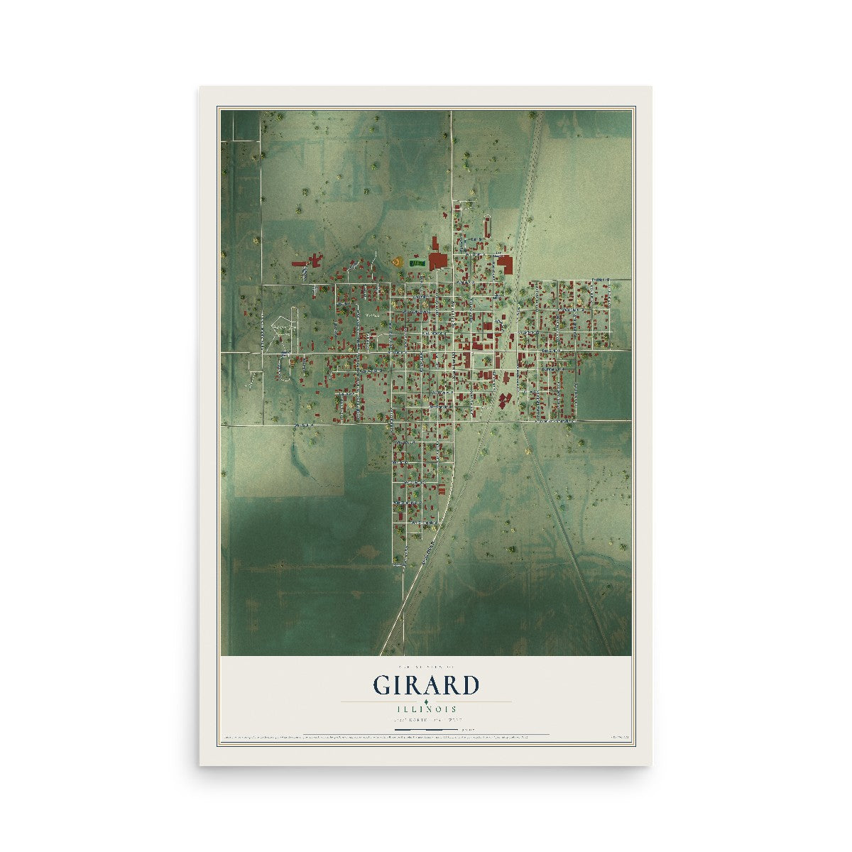 Map of Girard, Illinois, 12 x 18 inch unframed archival matte print