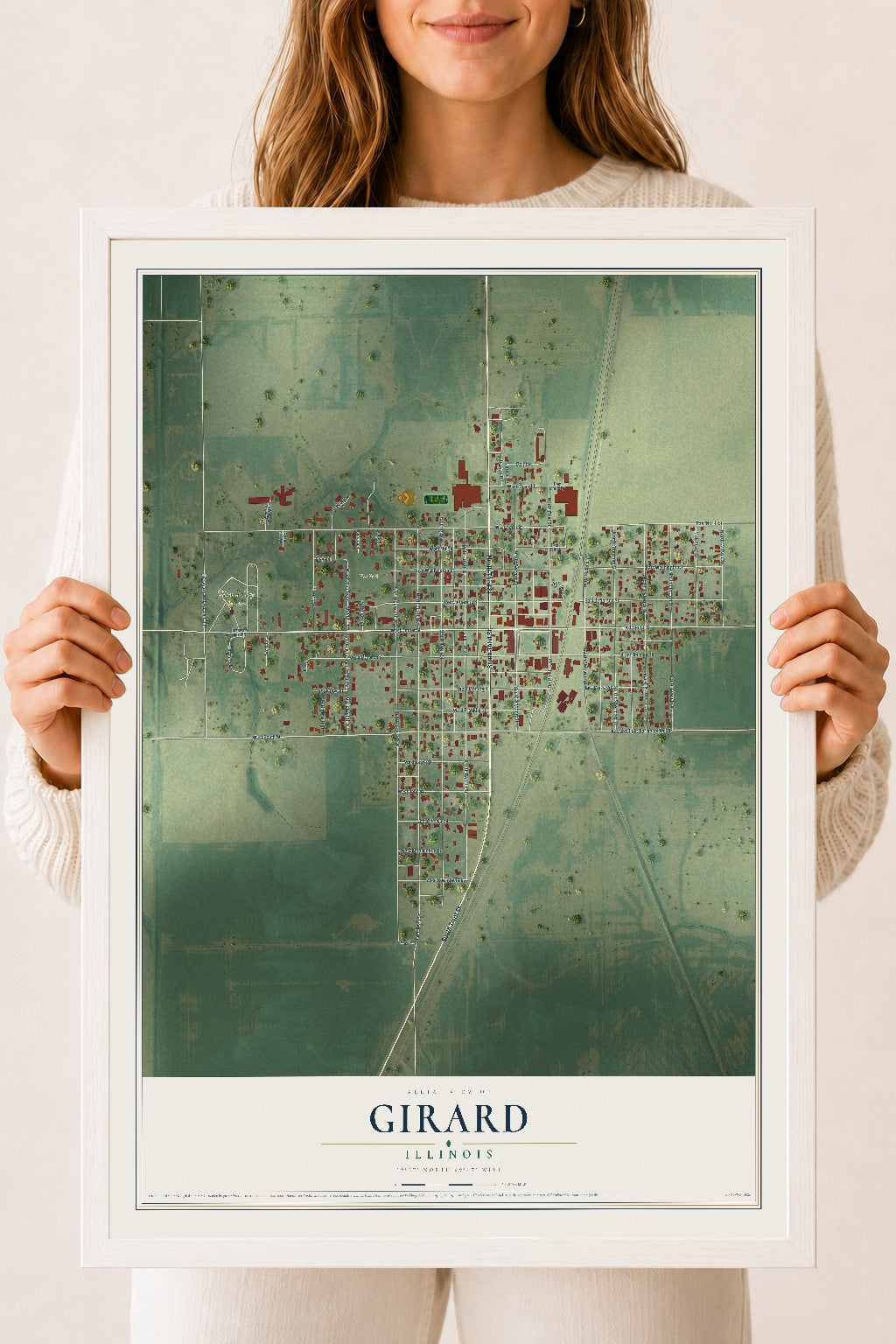 Map of Girard, Illinois, 18 x 24 inch print in a white wood frame