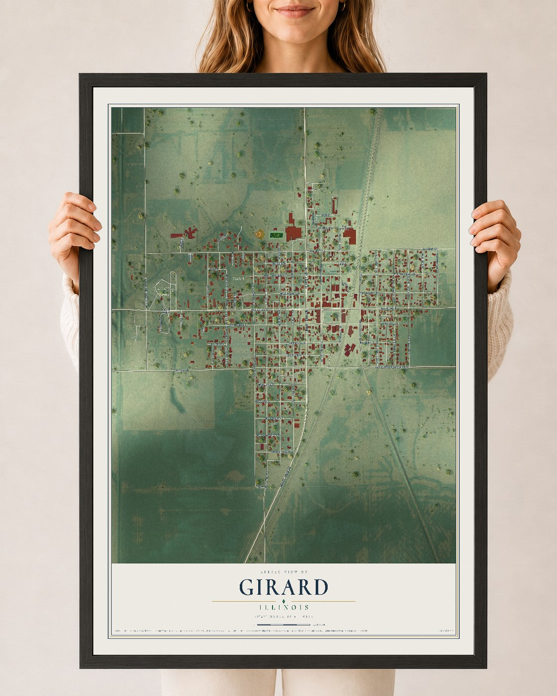 Map of Girard, Illinois, 24 x 36 inch print in a black wood frame