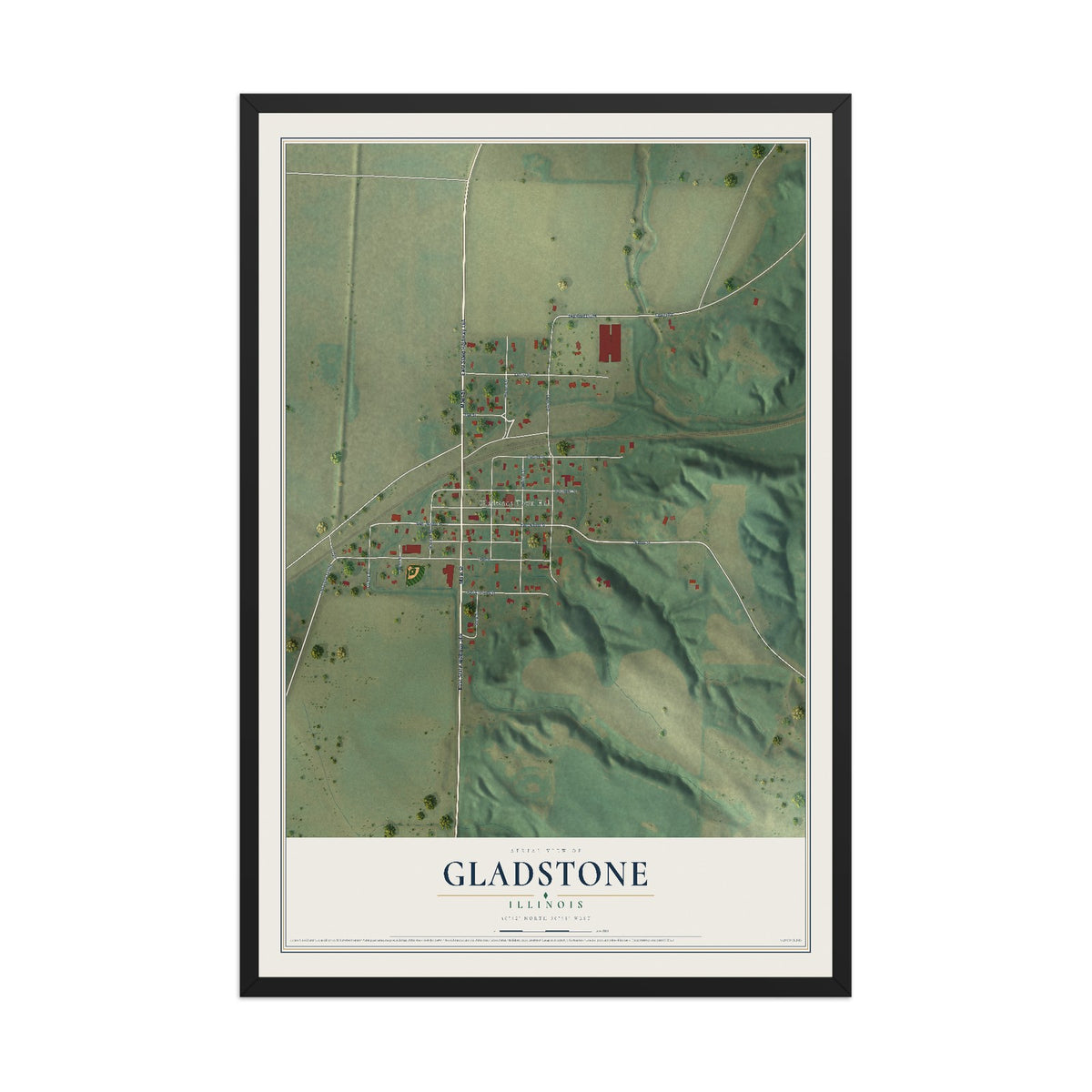 Map of Gladstone, Illinois, 12 x 18 inch print in a black wood frame