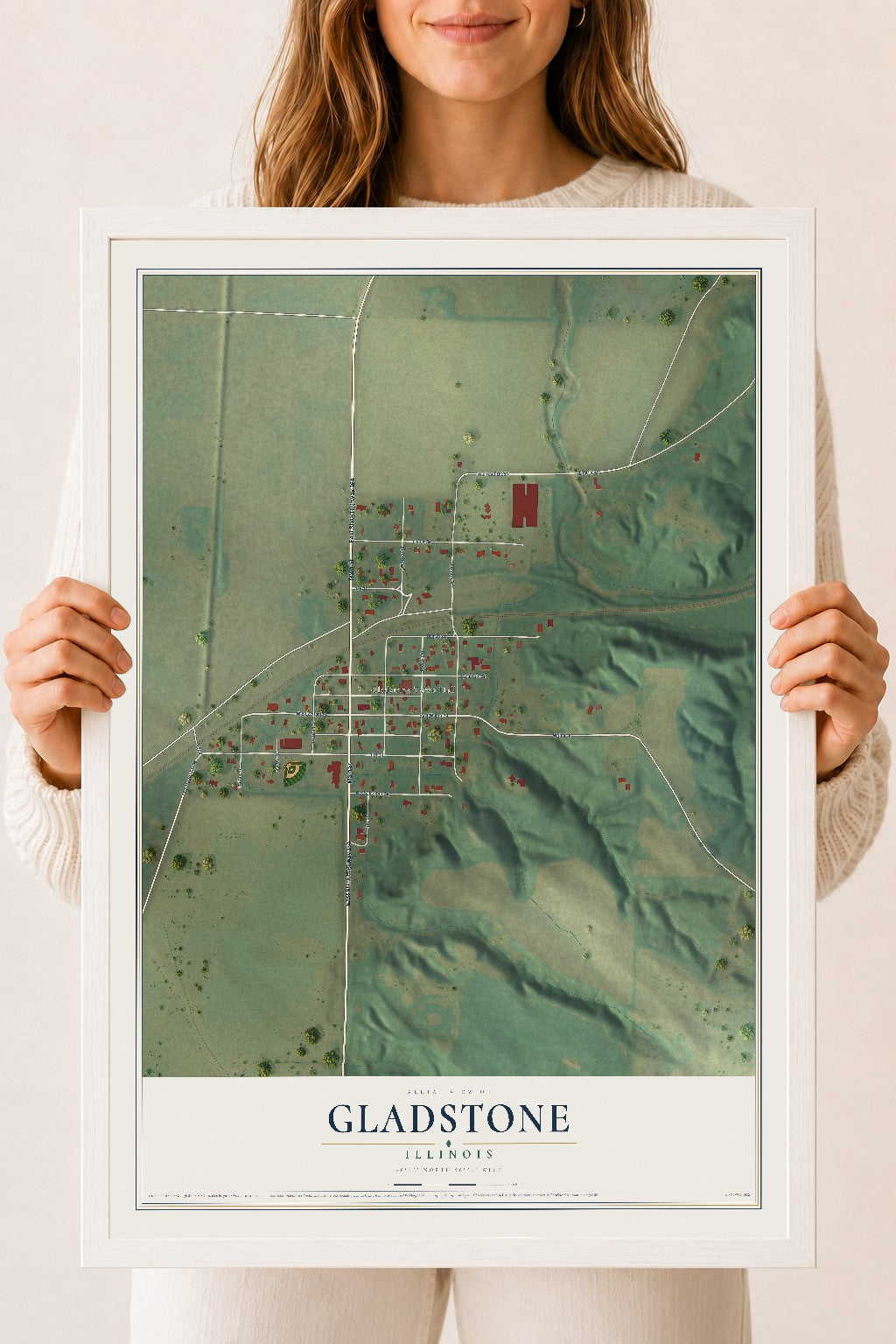 Map of Gladstone, Illinois, 18 x 24 inch print in a white wood frame