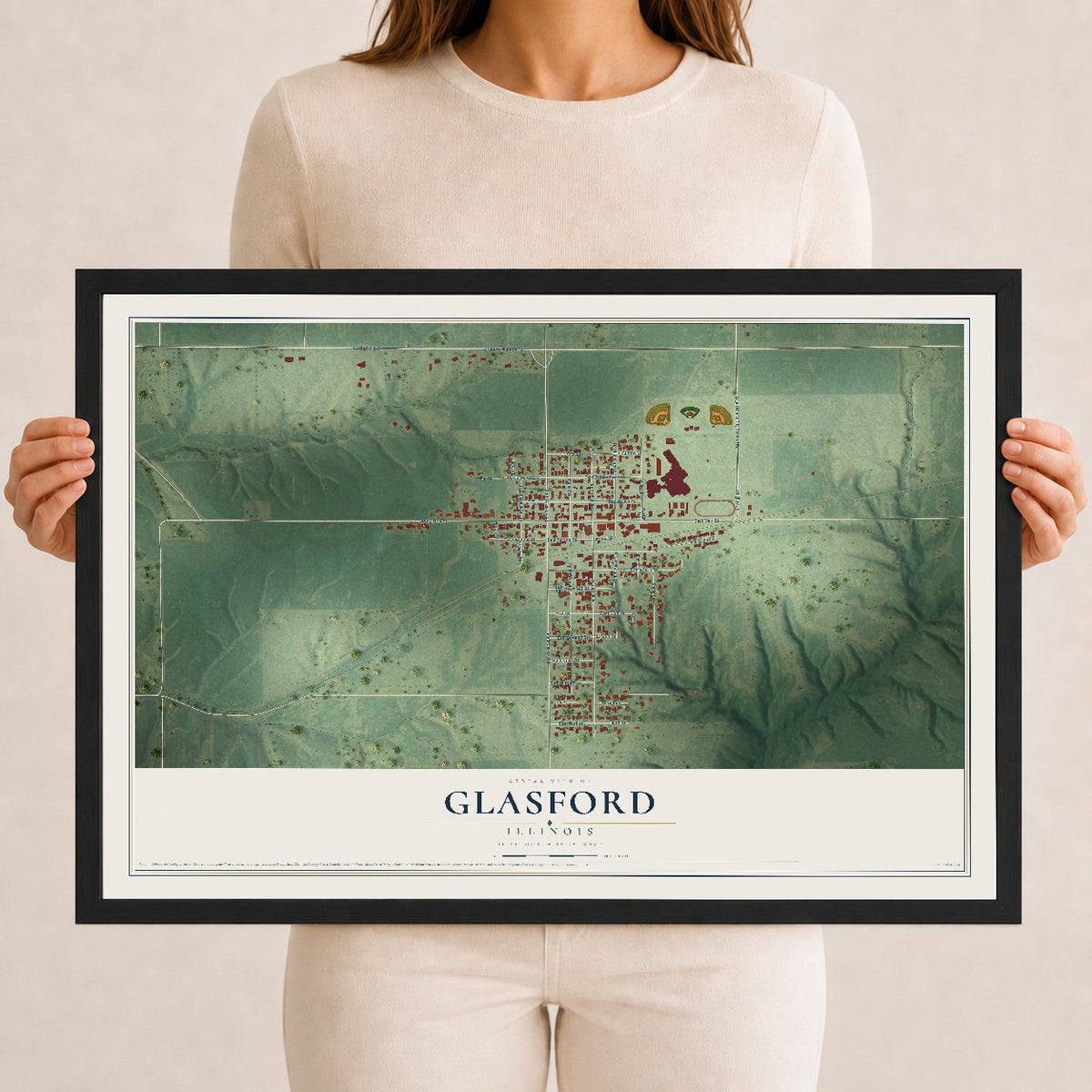 Map of Glasford, Illinois, 12 x 18 inch print in a black wood frame