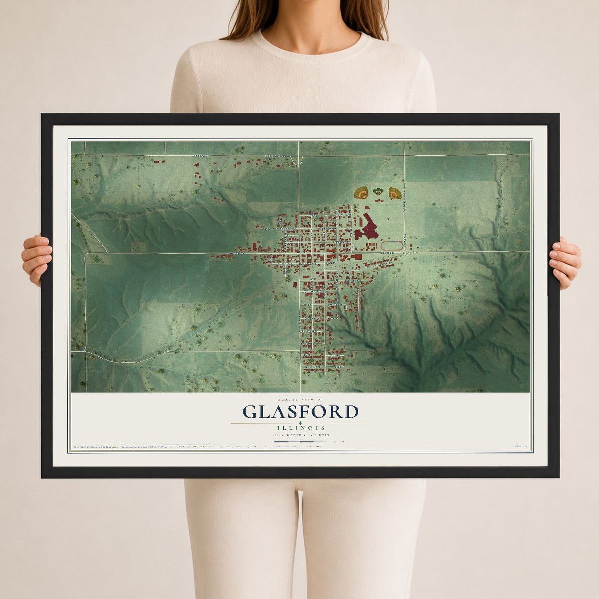 Map of Glasford, Illinois, 24 x 36 inch print in a black wood frame