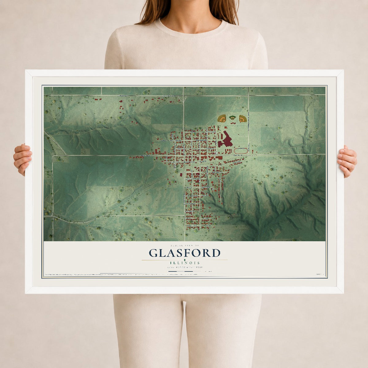 Map of Glasford, Illinois, 24 x 36 inch print in a white wood frame