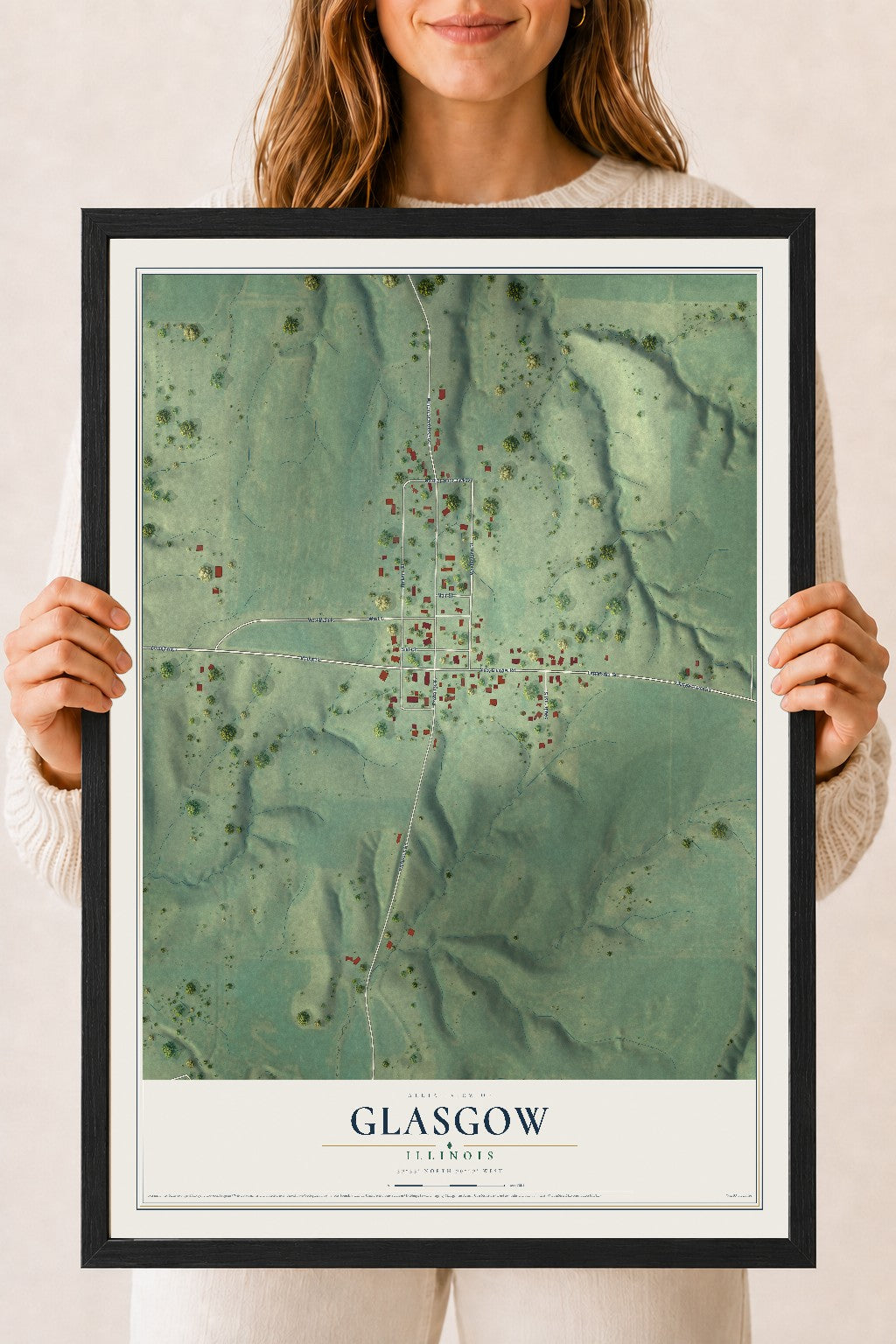 Map of Glasgow, Illinois, 18 x 24 inch print in a black wood frame